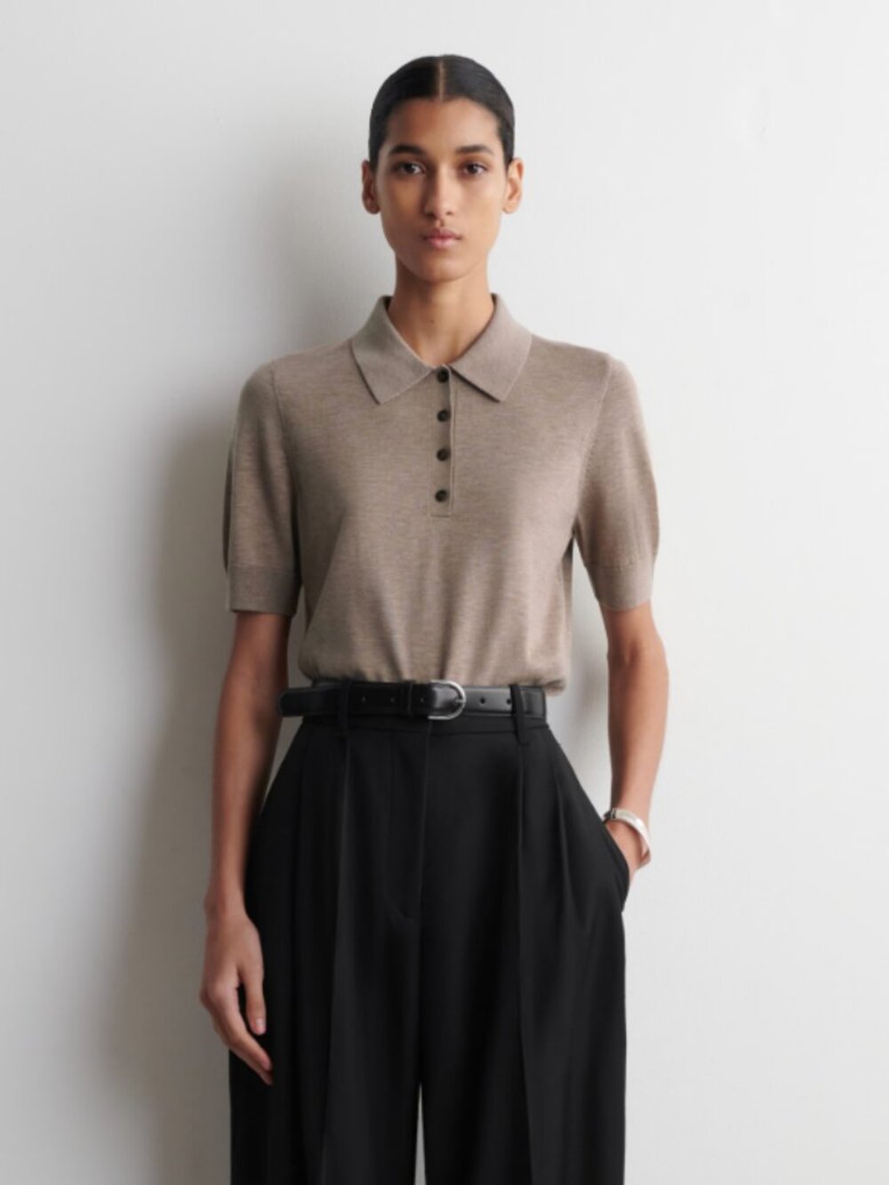 COS SHRUNKEN WOOL-BLEND POLO SHIRT BEIGE MÉLANGE M - Picture 3 of 7